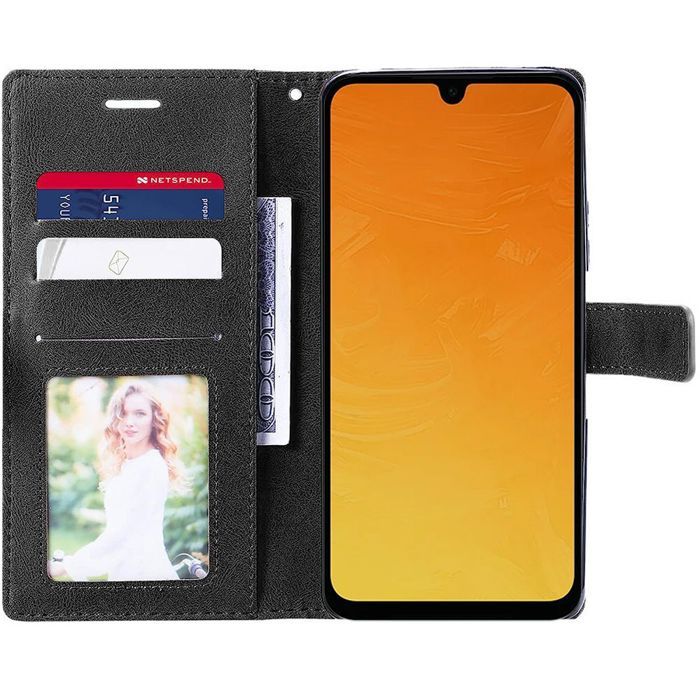 Coque pour Samsung Galaxy A26 5G - BOOLING - Cuir Synthétique Bleu Marine/Noir - 2 Verres Trempés