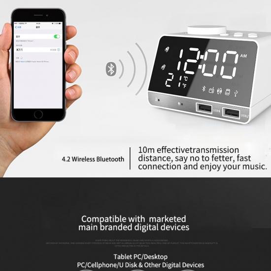 Home Decor Table Clock Alarm Clock Speaker With 2 USB Ports Bluetooth 4.2 Radio LED Digital Alarm Clock