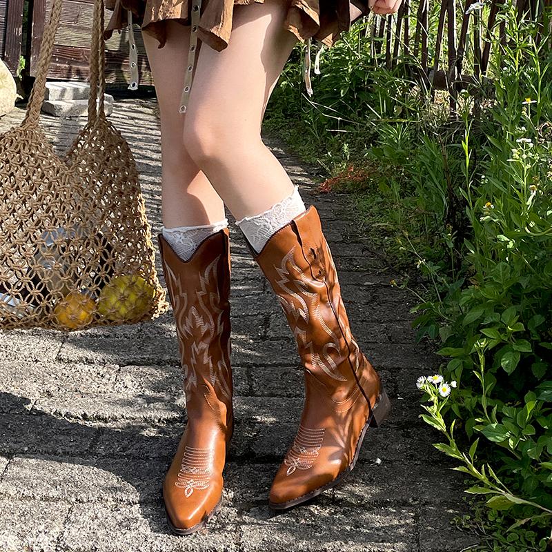 Fashion Autumn Winter Vintage Women Western Cowboy Boots Fashion Slip On Thick Heel Shoes Embroidery Knight Botas