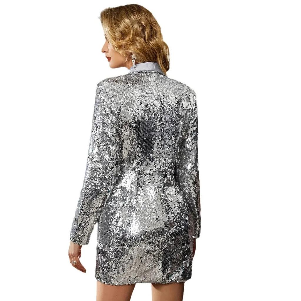 Trendy Silver Grey Sequin Women's Blazer Autumn New Arrival Polyester Fiber No Collar Other Patterns No Decoration Origin China