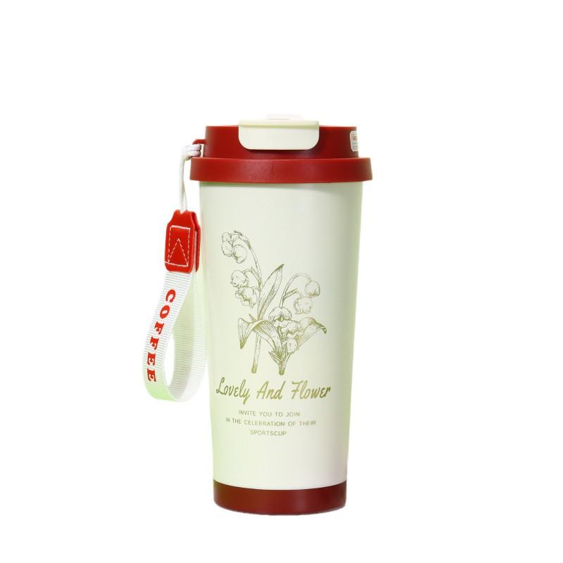 Stainless Steel Insulated Travel Mug With Handle Rope Straw 500ml Vacuum Thermos Office Outdoor Commute