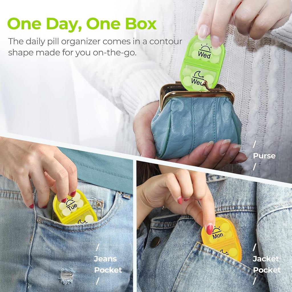 Pill Box 2 Times a Day, 7-Color for Easy Tracking, Dual Protection