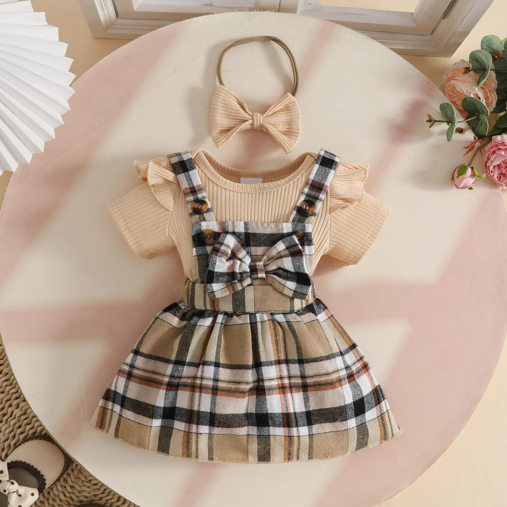 Baby Girl Summer Skirt Set: Ribbed Bodysuit, Plaid Romper & Headband