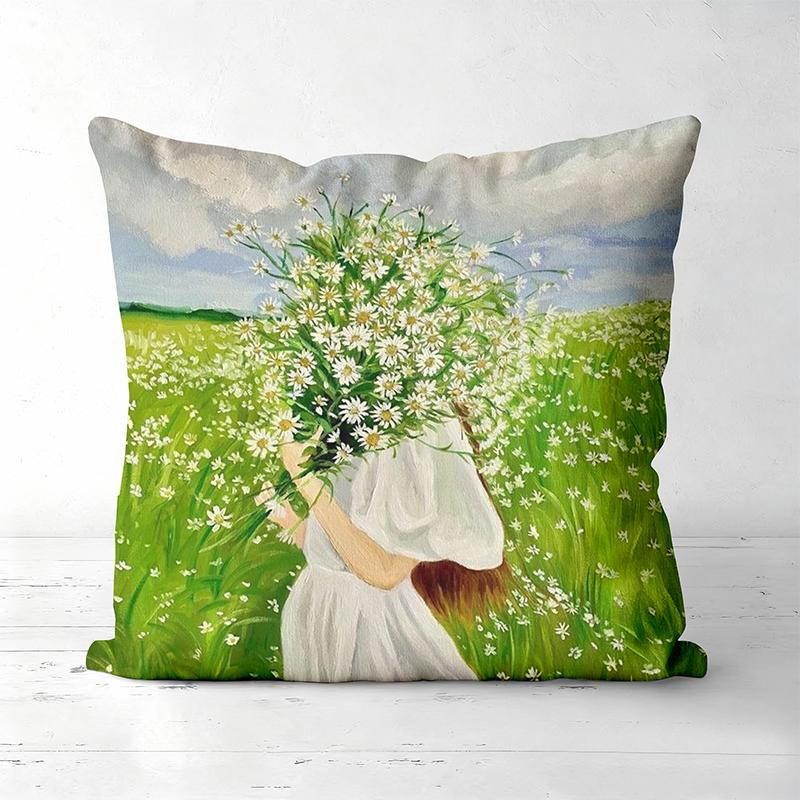 Four Pillow Covers With Girl And Flower Pattern Polyester Pillowcase, Sofa Decorative Cushion Cov Headboard Pillow