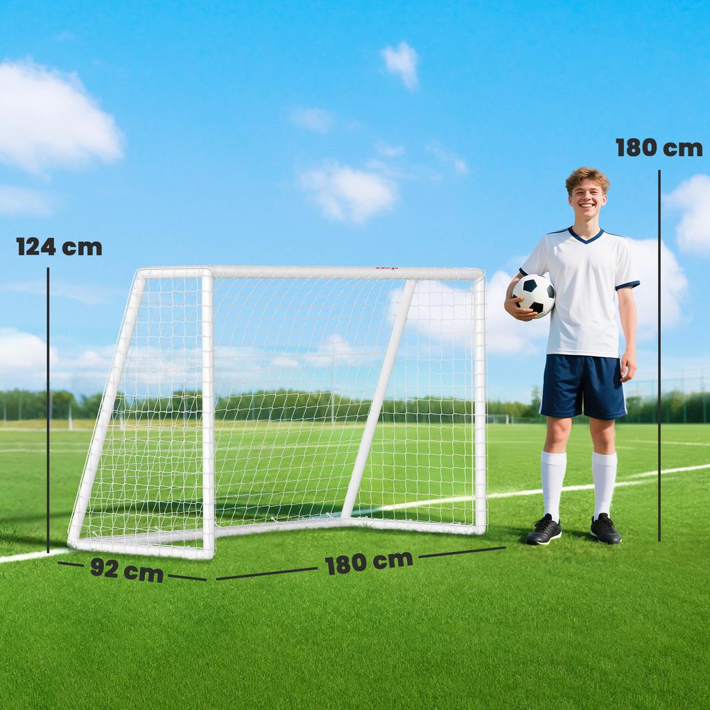 Football goal, sturdy net, plastic frame, pegs, 180L x 92W x 124H cm, white