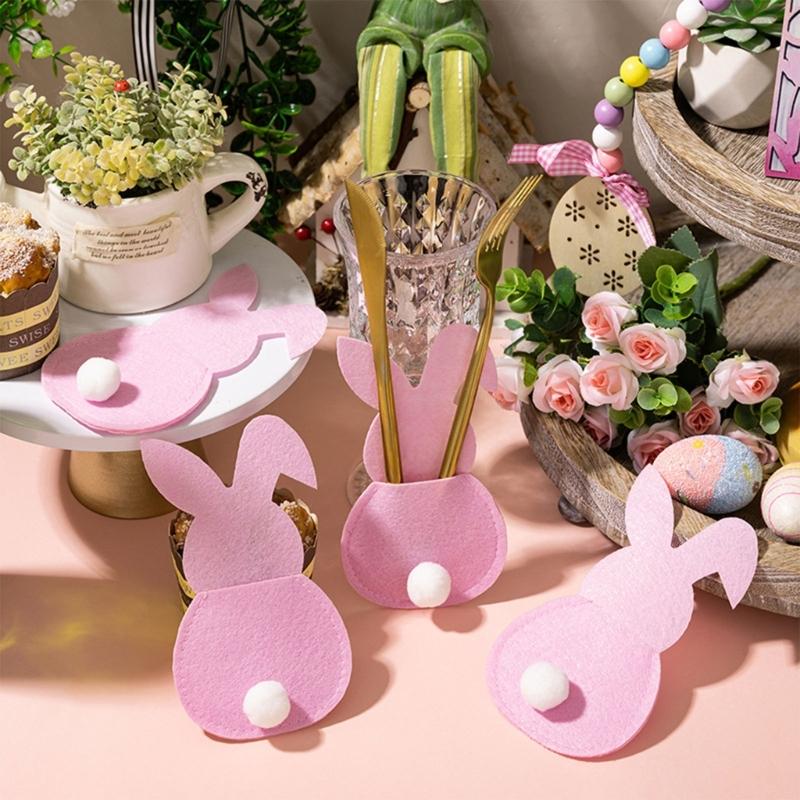 4 Pezzi Pratica Sacca Portaposate in Feltro a Forma di Coniglio Sacca Portaposate in Feltro con Coniglio di Pasqua Decorazioni Felici di Pasqua per Posate