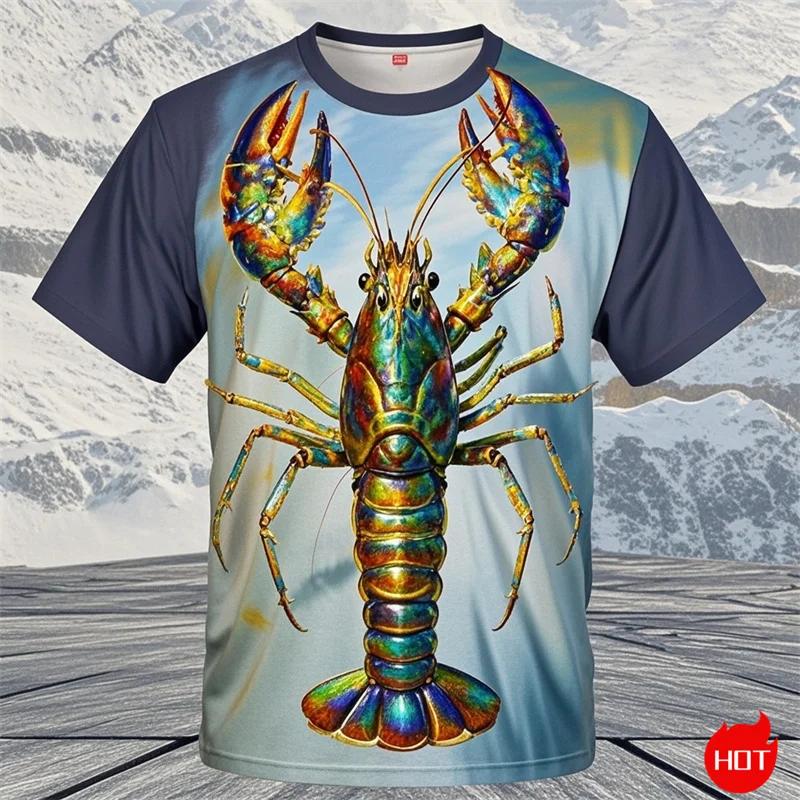 Summer Round Neck Funny Crayfish Graphic 3D Print Top Fashionable Casual Short Sleeved Men's T-shirts