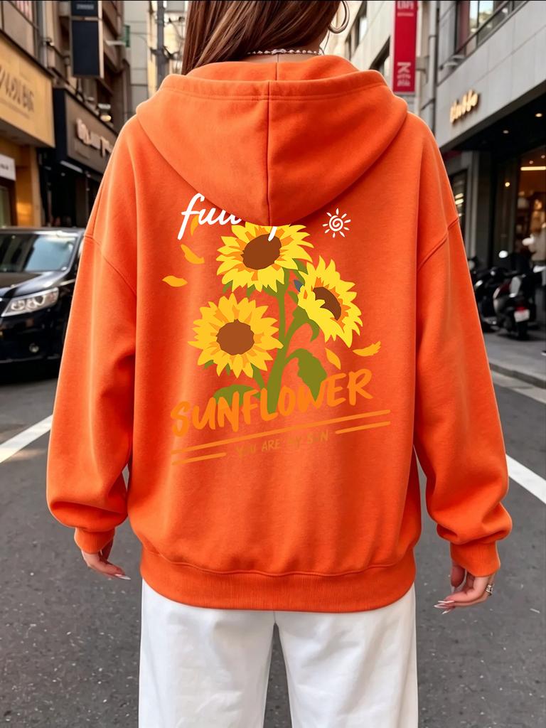 Full Of Sunflower Prints Hoodie Women Winter Loose Pocket Pullovers Casual Jogging Sweatshirt Sporty Fleece Warm Womans Clothes