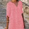 Women Summer Dress Mid Sleeves V-neck Solid Color Loose Pullover Daily Wear Flower Print Casual Lady Midi Dress Female Clothes