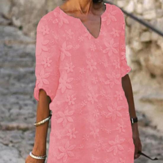 Women Summer Dress Mid Sleeves V-neck Solid Color Loose Pullover Daily Wear Flower Print Casual Lady Midi Dress Female Clothes