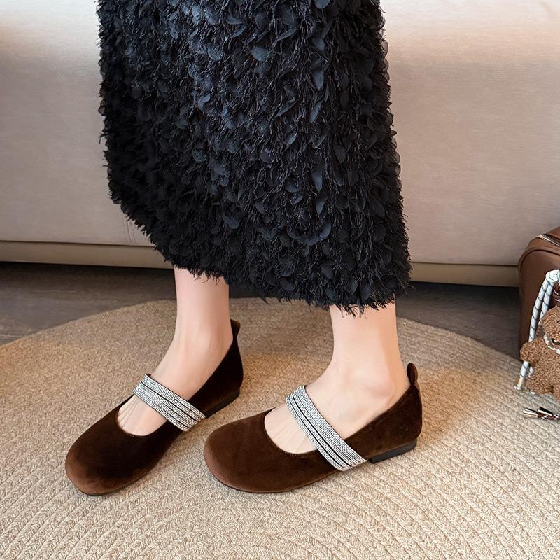 Gentle shallow mouth rhinestone soft sole single shoes flat Mary Jane shoes fattened and widened large size women's shoes