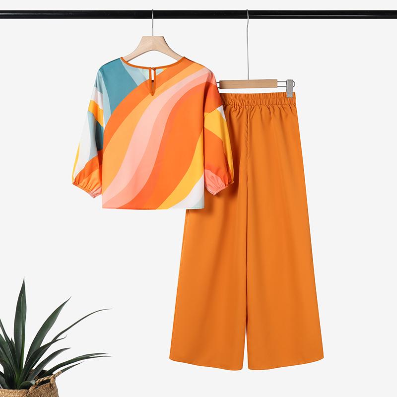 ZANZEA Women Print Blouse and Pants Casual Two Piece Suit Sets
