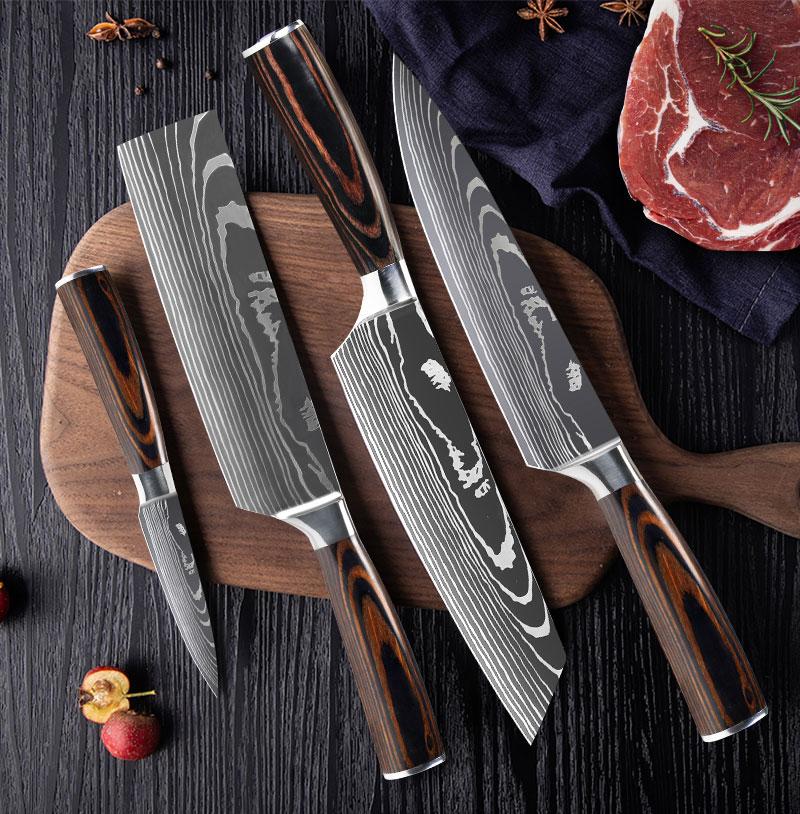 Μαχαίρια κουζίνας 10 τμχ από ανοξείδωτο ατσάλι 7CR17 440C Laser Damascus Japanese Santoku Cleaver Slicing Utility Μαχαίρι σεφ