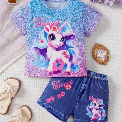 Magical Unicorn Print Girls Short Sleeve Top & Pony Shorts 2PCS Set - Adorable Summer Casual Wear for Holidays