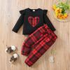 Girls' Valentine's Plaid Heart Two-Piece Set: Puff Sleeve Top & Pants