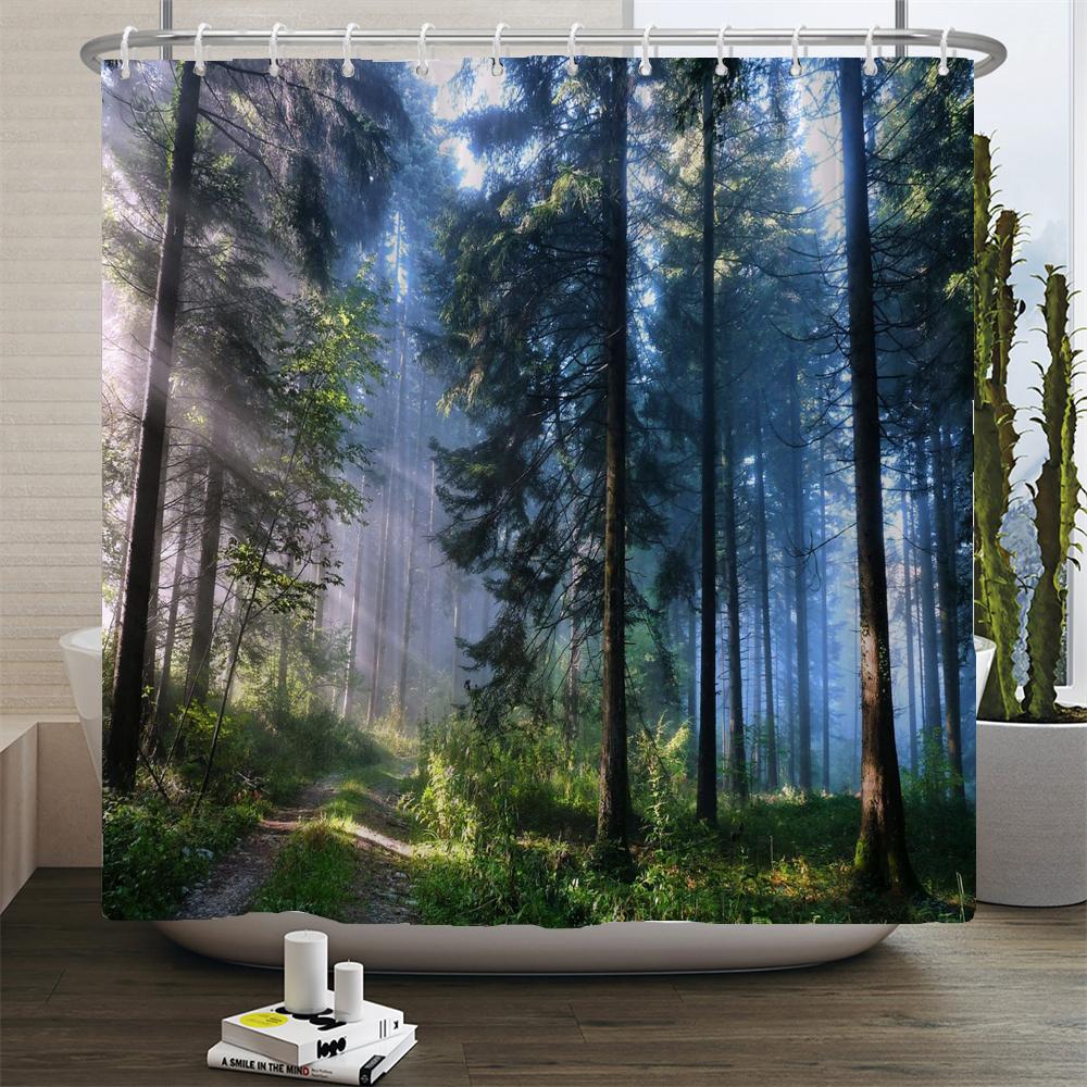 Natural Scenery Shower Curtain Set Forest Waterfall Spring Landscape Home Bathtub Decor Waterproof Polyester Bathroom Curtains