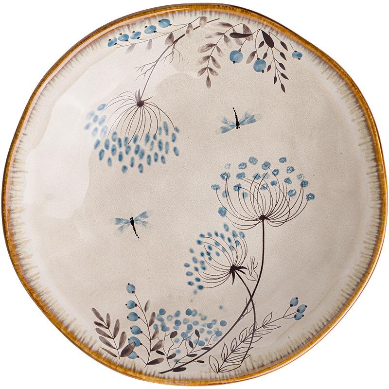 Vintage Flower Large 9-Inch Ceramic Plate Irregular Salad Plate Premium Sense Vegetable Bowl Soup Plate Export