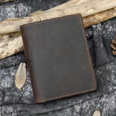 Portefeuille Rétro en Cuir Véritable pour Homme Cuir Crazy Horse Vertical Multi-Compartiments Cuir de Couche Supérieure Portefeuille Décontracté Court