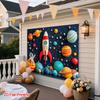 2D flat banner - featuring astronaut rocket and planet background patterns made of polyester fabric