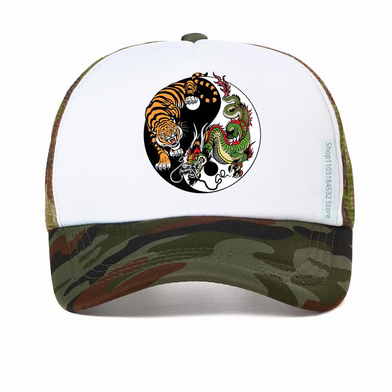 Chinese Dragon And Tiger Tattoo Print Mesh Baseball Cap Summer Adjustable Breathable Trucker Hat Fashion Casual Sun Hats