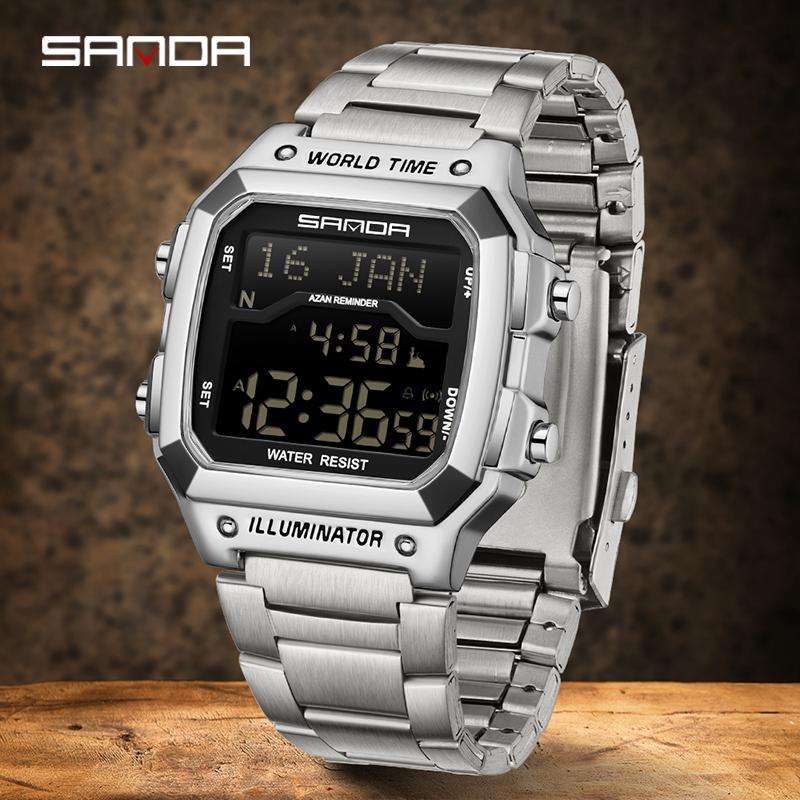 Relógio Digital SANDA 2173 Hora Mundial com Função Azan Pulseira de Aço À Prova d'Água Multifuncional Lembrete de Oração Relógio de Pulso
