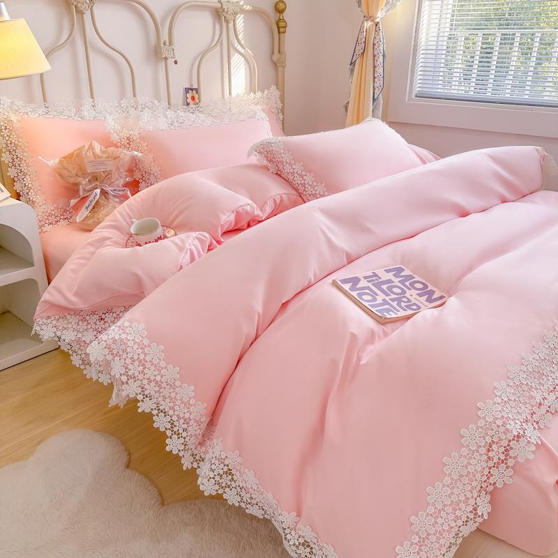 Solid Color Bedding Set with Lace Edge Princess Style Pink Bed Cover Set Queen/King Bed Sheet Sets for Girls Double Bedding Sets