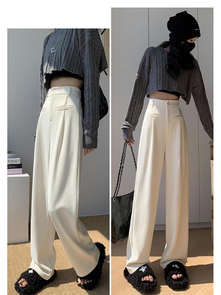 Women's Beige High-Waisted Wide-Leg Knitted Slim-Fit Trousers for Spring and Autumn, Fleece-Lined for Winter