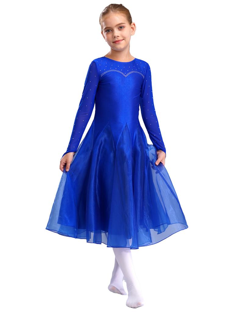 Kids Girls Lyrical Dance Ballroom Dancing Waltz Performance Costume Sheer Mesh Long Sleeve Rhinestone Flared Dresses Dancewear
