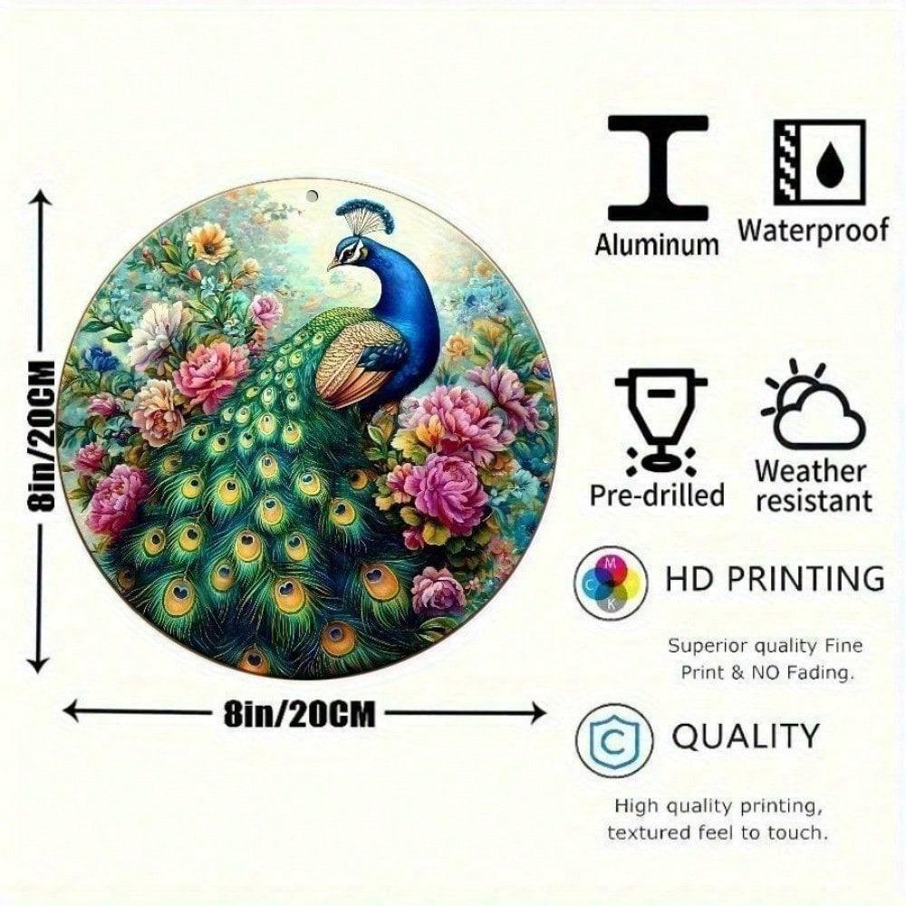 Rainbow Peacock Metal Wall Art, Vintage Aluminum Round Sign 8x8 Inch, Home Decor for Garden Garage Bar