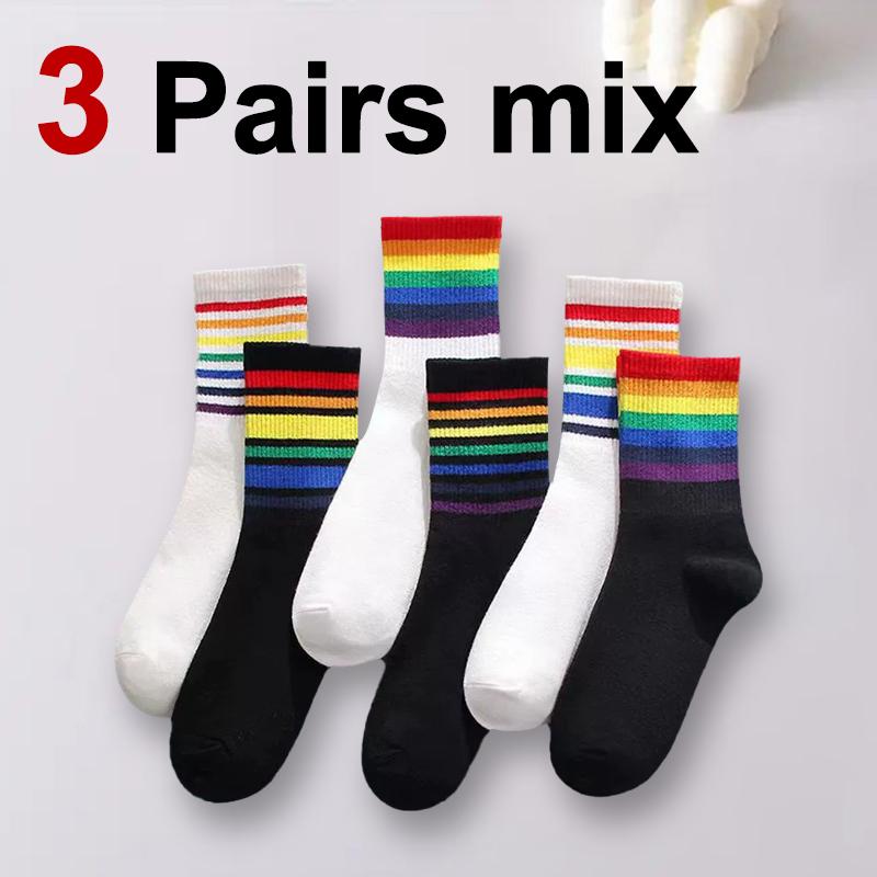 3/6/12 Pairs Women Rainbow Pattern Mid Tube Cotton Socks Fashion Striped Sweat Absorbing Breathable Soft Comfortable Casual Sock