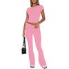 Damen Freizeit Zweiteiler Set Langarm Rundhals Crop Top Hohe Taille Schlaghosen Gestrickt Einfarbig Loungewear Passendes Outfit Set