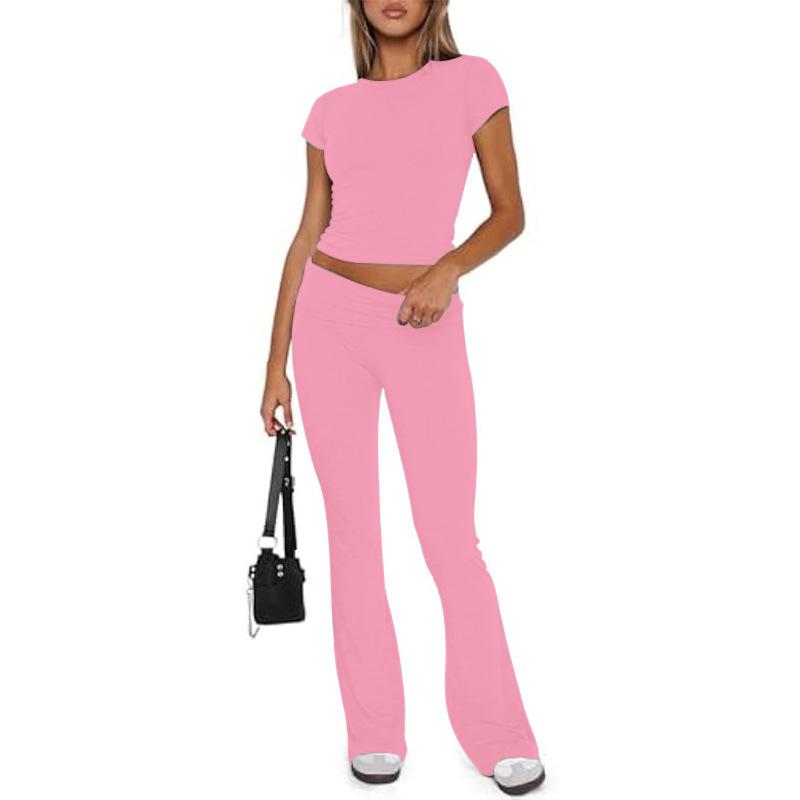 Damen Freizeit Zweiteiler Set Langarm Rundhals Crop Top Hohe Taille Schlaghosen Gestrickt Einfarbig Loungewear Passendes Outfit Set