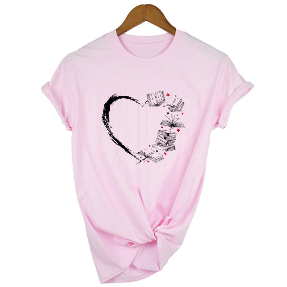 Serce z książkami Print Women Estetyczna koszulka Harajuku School Reading Casual Streetwear z krótkim rękawem T
