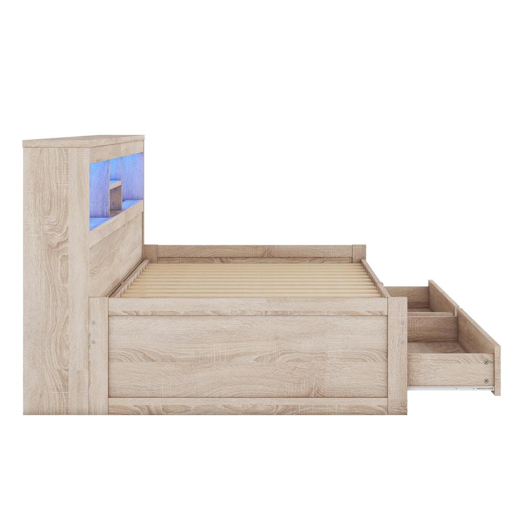 Sofa Bed Flieks 90x200 Daybed with Storage Space, Functional Bed with 2 Drawers, USB Charging Ports, Natural