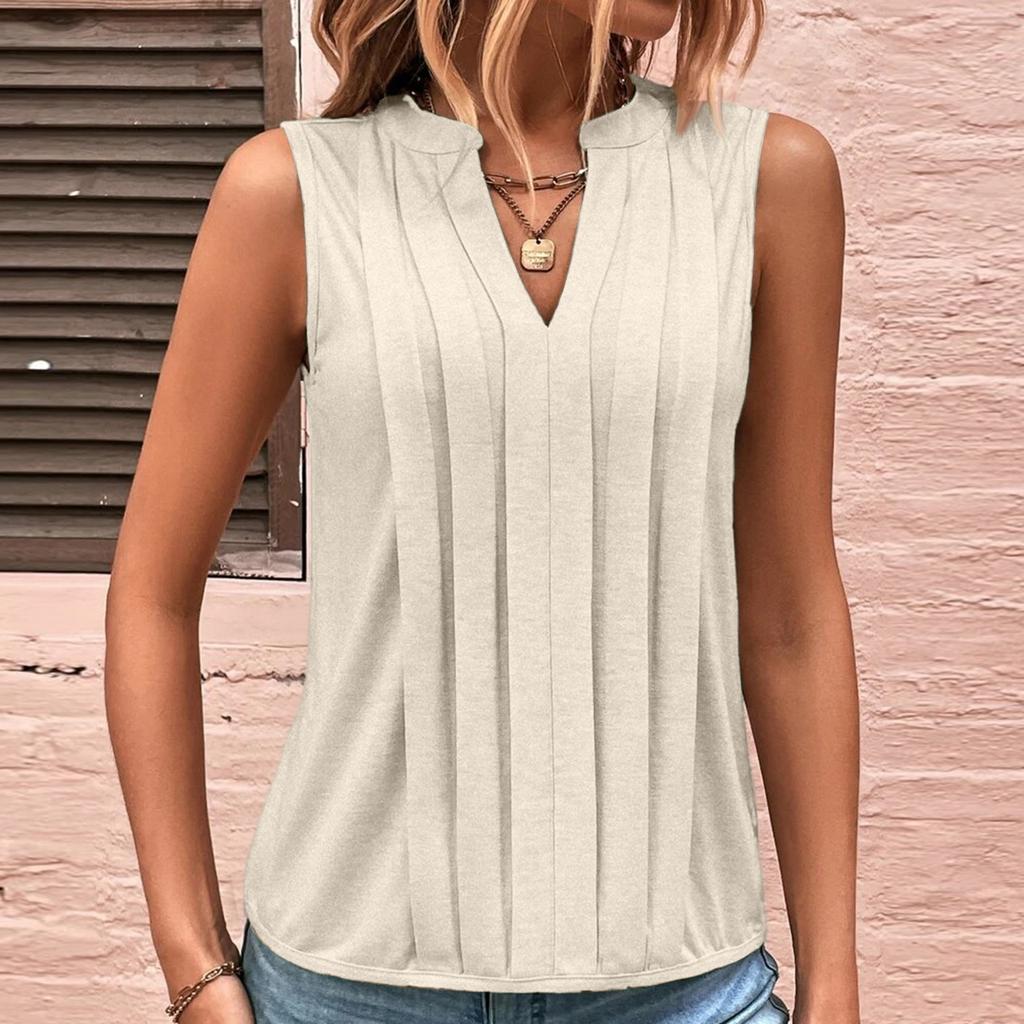Ladies' Color Summer Fashion Temperament Elegant Pleated V-neck Vest Top