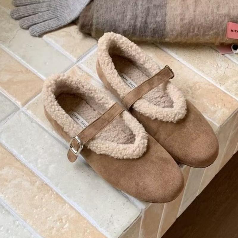 Flats Women Loafers Shoes Fur Fashion Mary Jane Shoes  Short Plush Designer Cotton Shoes  Comfort Dress Snow Mujer Botas
