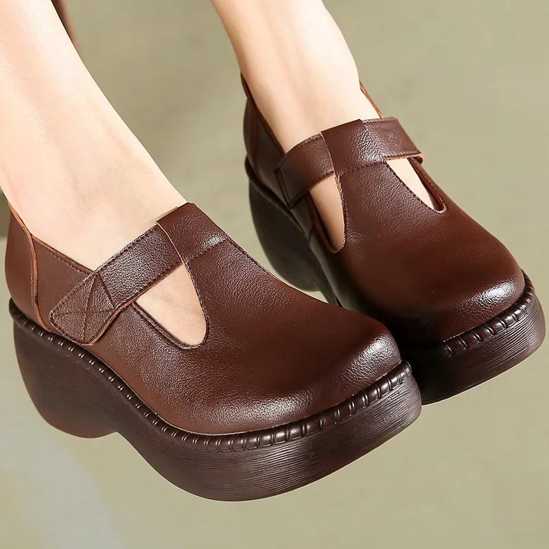 Fashion 2024New Genuine Leather Flat Platform Shoes For Women Retro Thick Heel Wedges Handmade Casual Shoes Leisure Ladies Platform Shoe