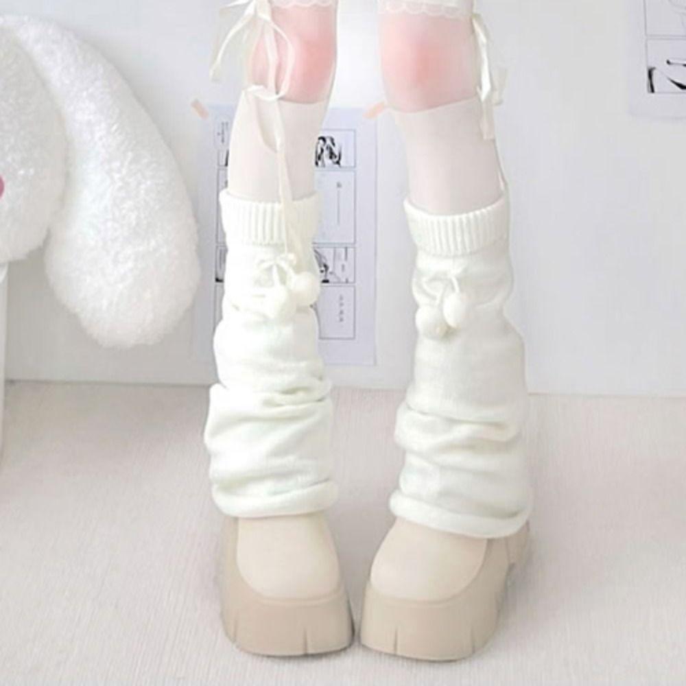 Plush Balls Leg Warmers Women Bowknot Lolita Leg Warmer Trendy Knitted Leg Covers  Girls