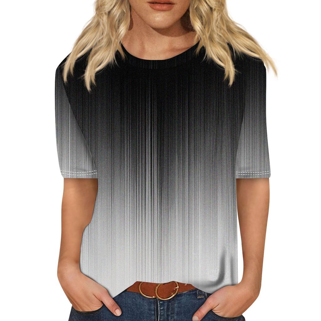 Modisches, lässiges Top mit drei halben Ärmeln und abgestuftem Druck für Damen mit Rundhalsausschnitt