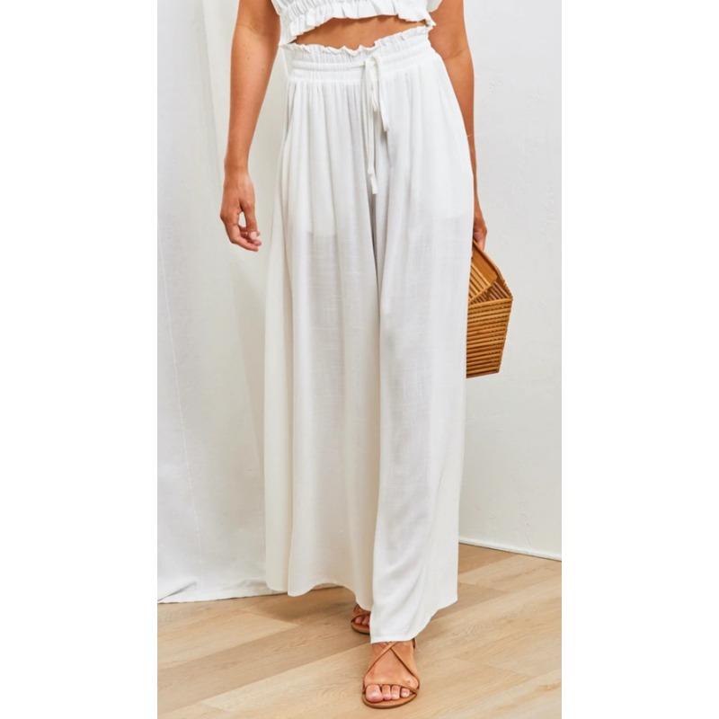 Women s Linen Blend High Waist Wide Leg Pants Casual Elastic Waist Drawstring Palazzo Trousers S белый