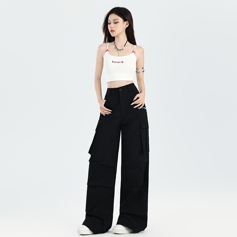 American multi-pocket black overalls women's trendy brand 1116 summer new wide-leg casual trousers