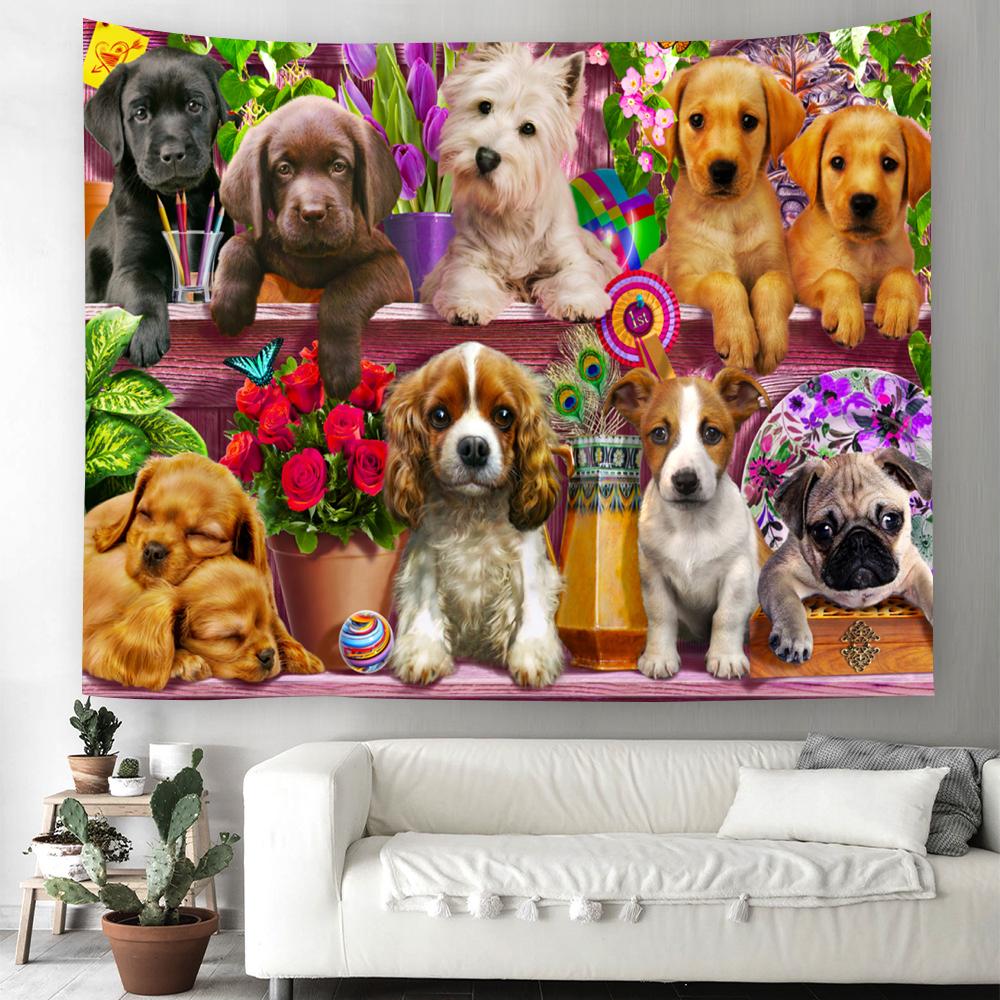 Cartoon Dog Tapestry Kawaii Puppy Wall Hanging Cloth Cute Pet Animal Home Bedroom Living Room Decorative Wall Rug Tapestry