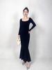 Elegant Black German Velvet Fishtail Evening Dress, Warm & Versatile, Wide Collar, Slim Fit High-End Design