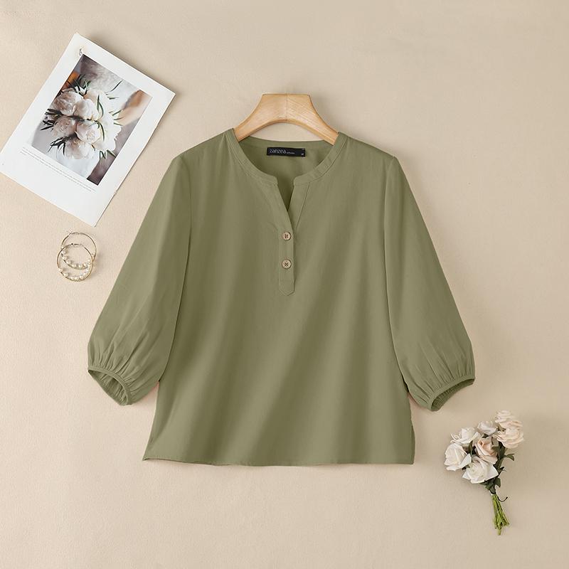ZANZEA Women Casual V-Neck Solid Color 3/4 Sleeve Blouse