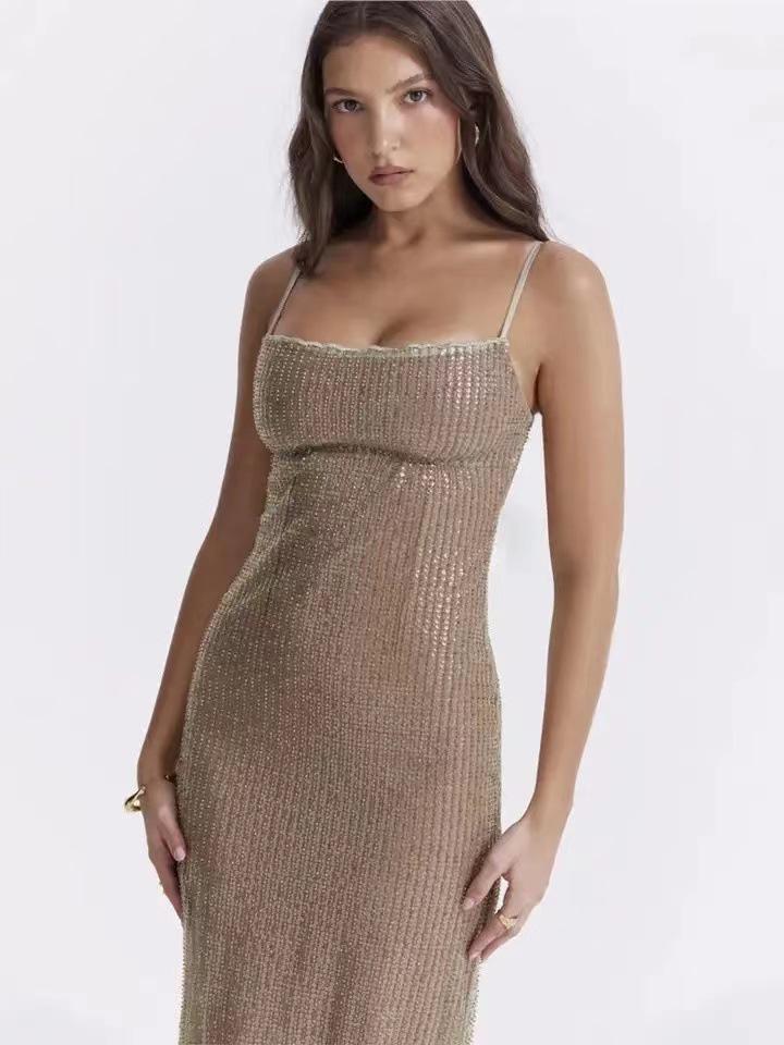 2023 Sequined Slim Spaghetti Strap Evening Dress with Slit and Square Neck