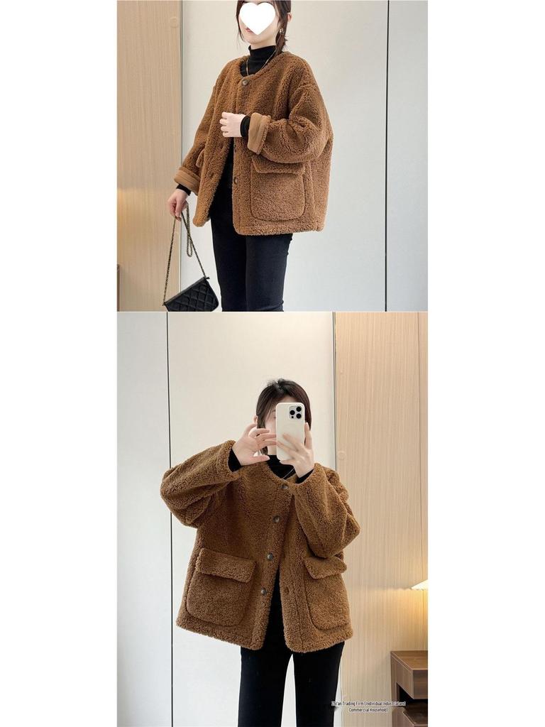 Women's Shearling Coat 2025 Autumn/Winter: Versatile Korean Style, Age-Reducing Loose Fit, Round Neck Top