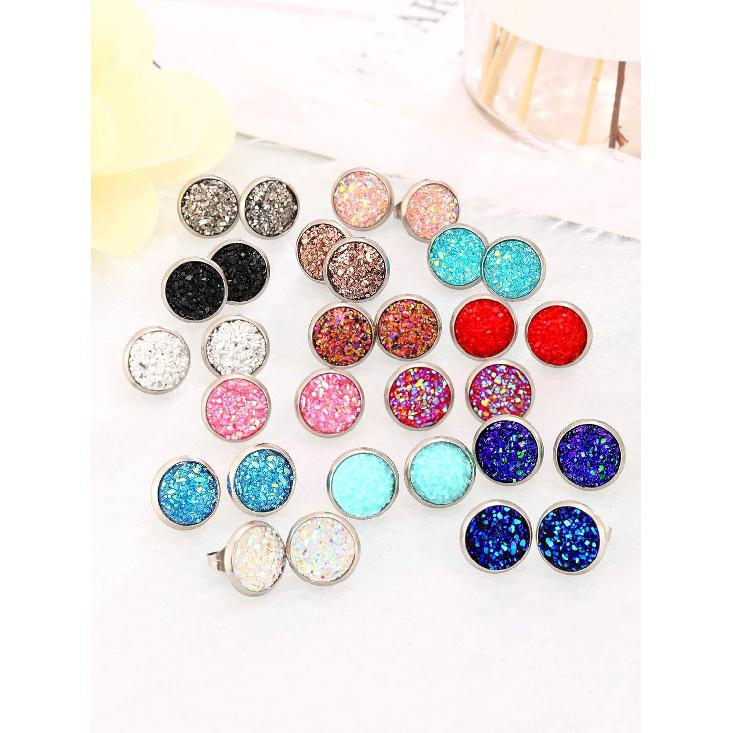 Hicarer 32 Pairs Round Druzy Stud Earrings Bohemian Round Stud Stainless Steel Pierced Earrings Jewelry for Women Graduation Gift