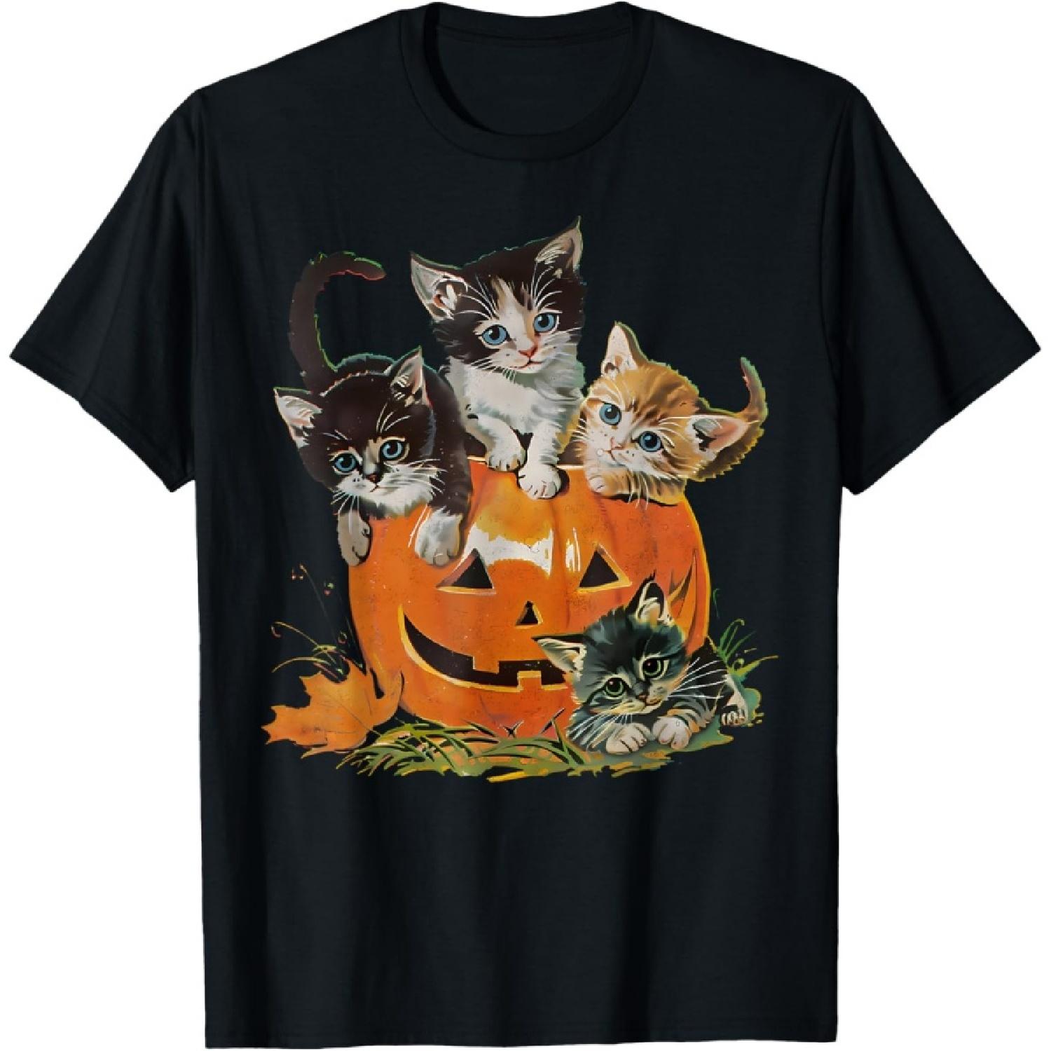 Винтажная футболка 90-х с кошкой тыквой на Хэллоуин в ретро-цветочном стиле для жуткого сезона S чёрный 1670₽