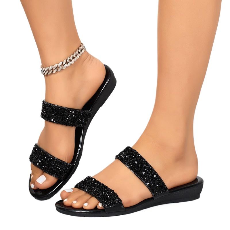 Fashion 2025 Brand Ladies Shoes Basic Women's Slippers Fashion Sequins Outdoor Casual Summer Open Toe Plus Size Flat Slippers Zapatos