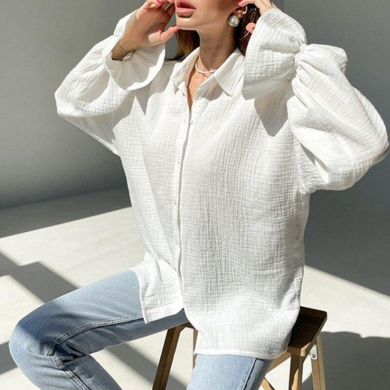 

Осенняя блузка с отложным воротником, модная одежда, повседневные свободные однотонные белые рубашки, летние простые женские топы с длинными рукавами 28675 L